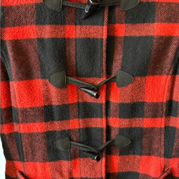 L.L. Bean Red and Black Plaid Wool Parka with Faux Fur Hood - Picture 2 of 10